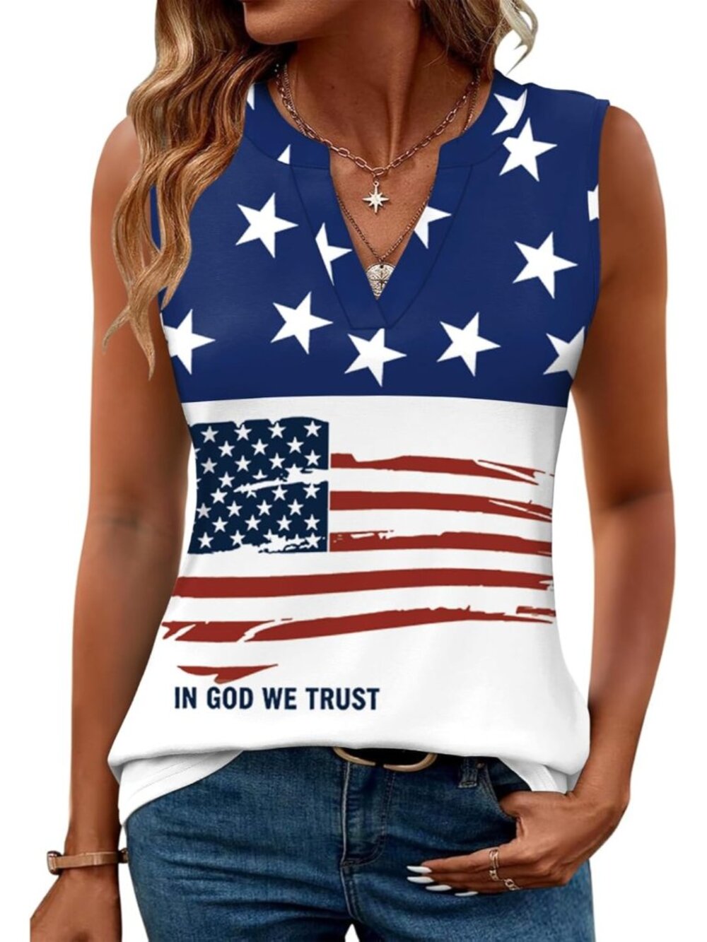 Women's Flag Blue Sleeveless V Neck Shirt Blouses Tunic Imported Tank Tops